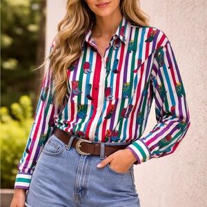 Side Saddle Vintage Striped Multicolor Western Cowboy Boots Button-Up Top Size L